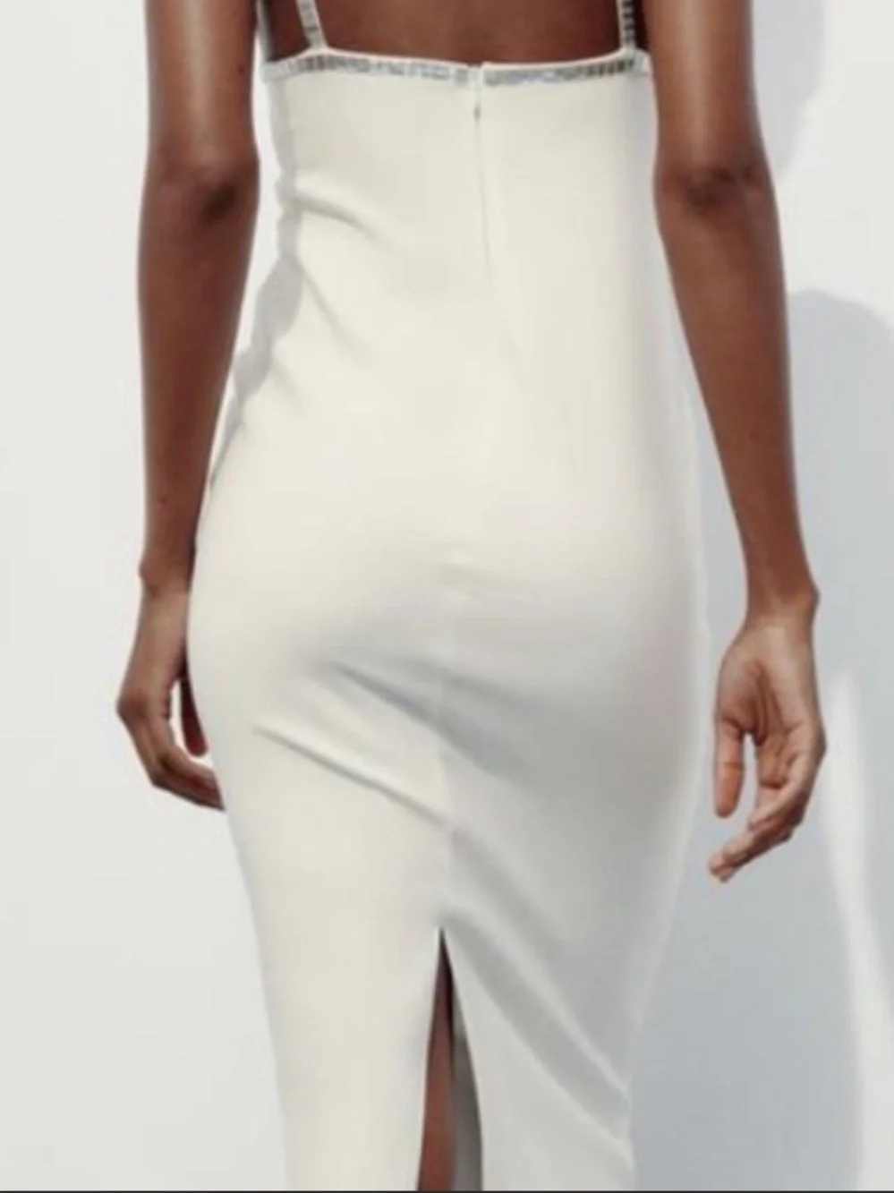 Zara Cream Slip Midi Dress with Decorative Trim